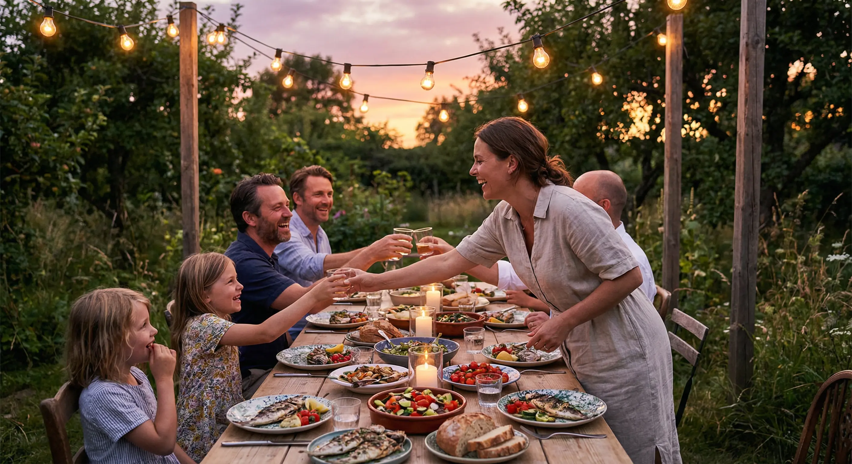 An outdoor dinner table at sunset with string lights overhead, candles flickering, plates of food, and guests laughing together in a lush backyard