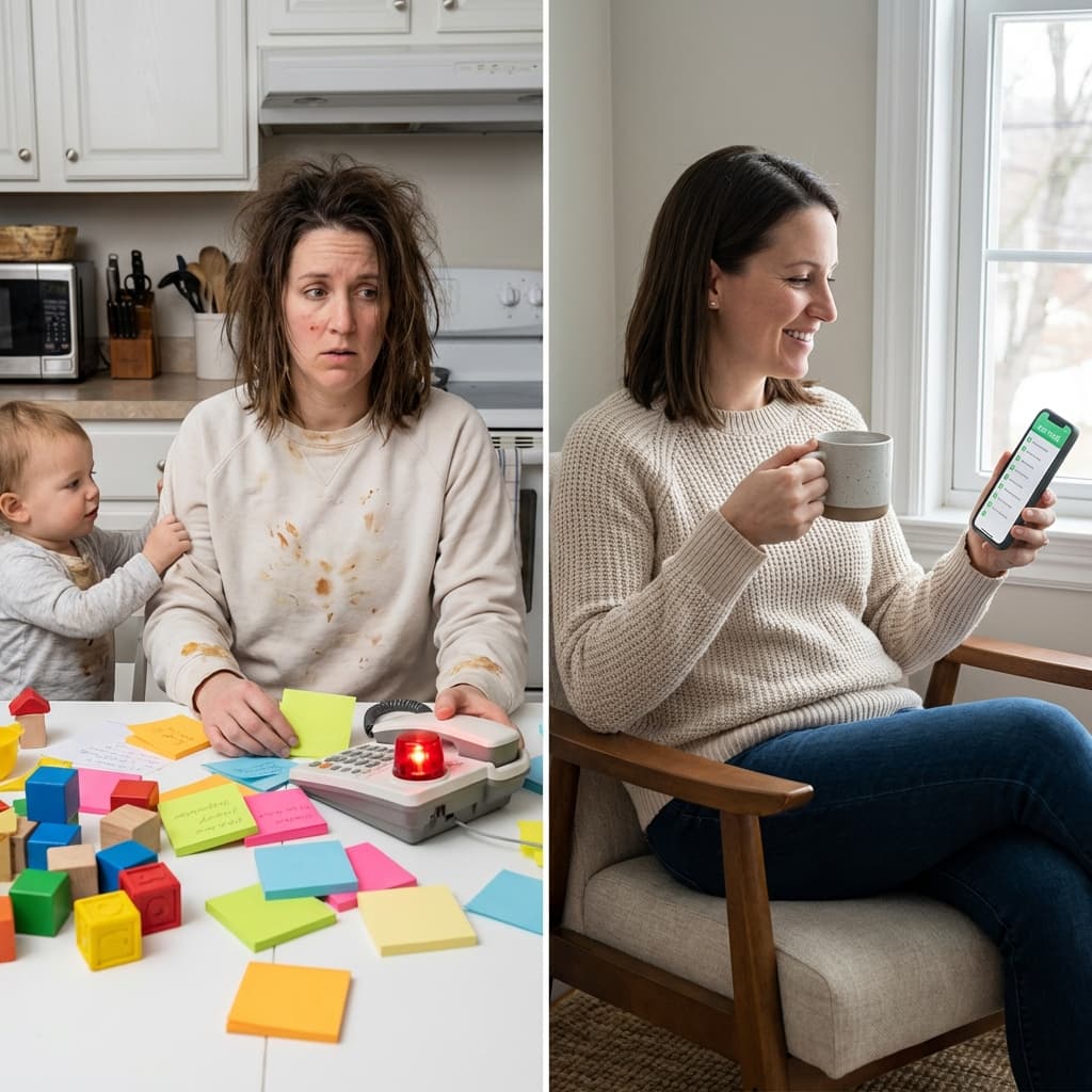 A split scene. Left: A stressed parent surrounded by sticky notes, a ringing phone, and chaos. Right: A calm parent holding a cup of coffee, looking at a neat checklist on a phone screen.