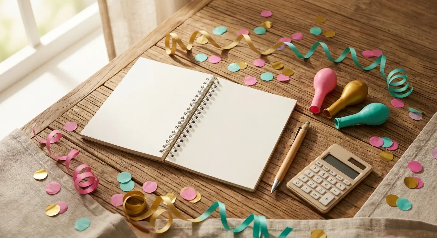 A notebook with a party budget breakdown next to colorful decorations