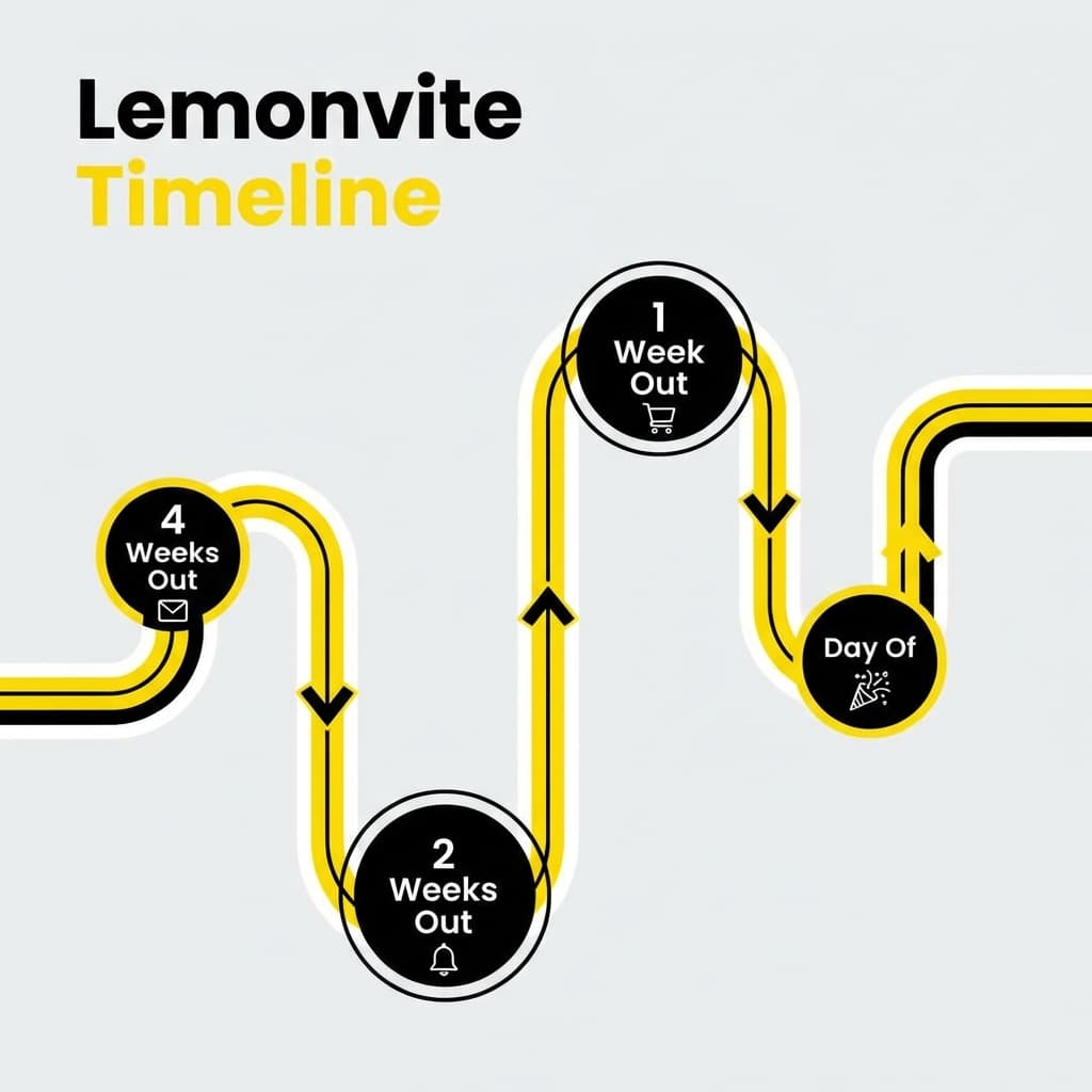 A horizontal timeline graphic styled like a roadmap or metro map. Points are labeled '4 Weeks Out', '2 Weeks Out', '1 Week Out', 'Day Of'. Each point has a small icon (envelope, bell, shopping cart, party popper). The style is clean, modern, and uses Lemonvite's brand colors (yellow, black, white).