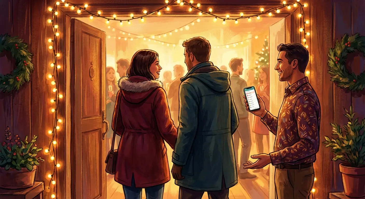 A host reviewing a guest list on their phone while a couple walks through the front door of a warmly lit party