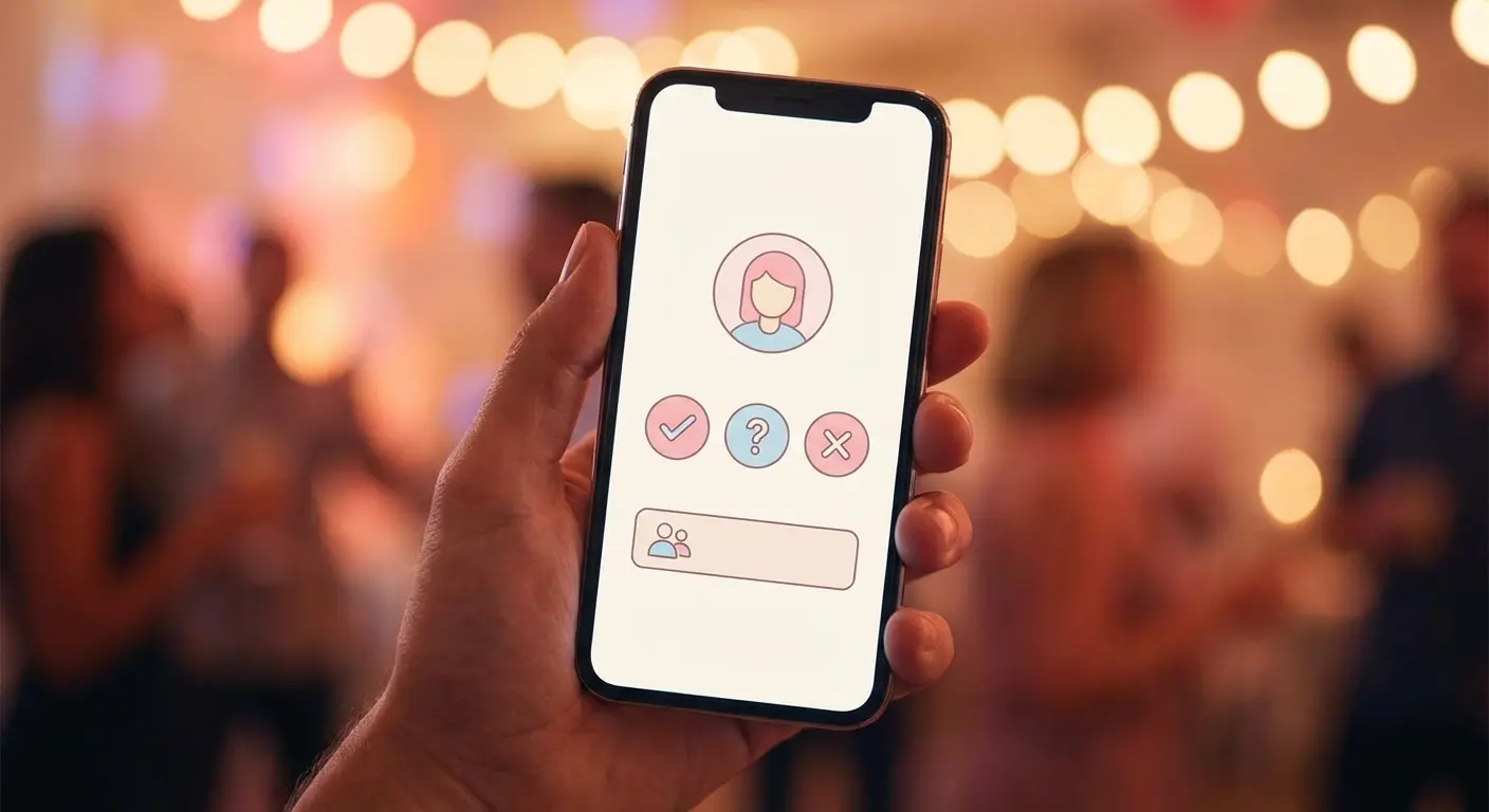 A phone screen showing an RSVP form with a notes field where a guest has typed their plus-one's name