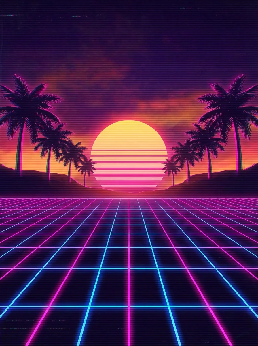 80s synthwave retro neon grid with palm trees
