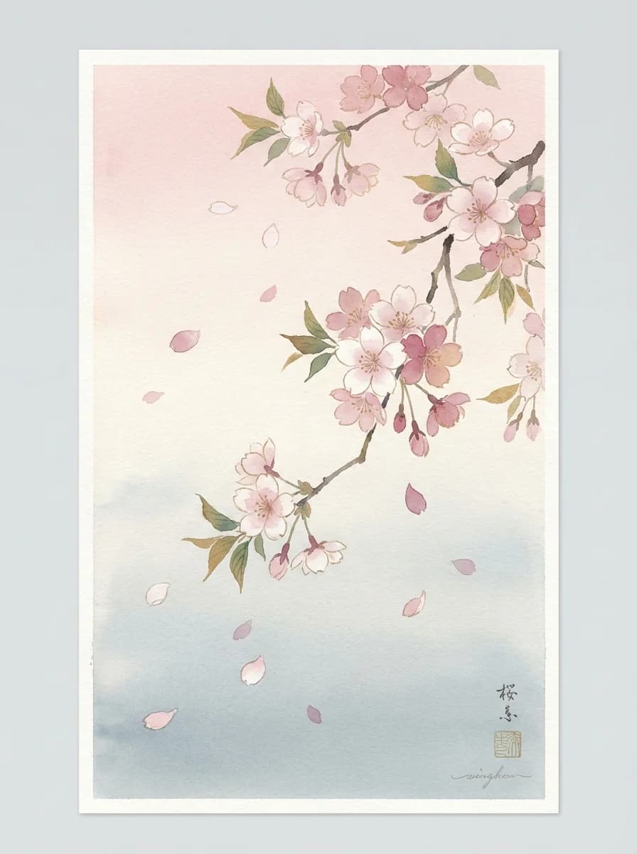 Japanese watercolor cherry blossoms with floating petals