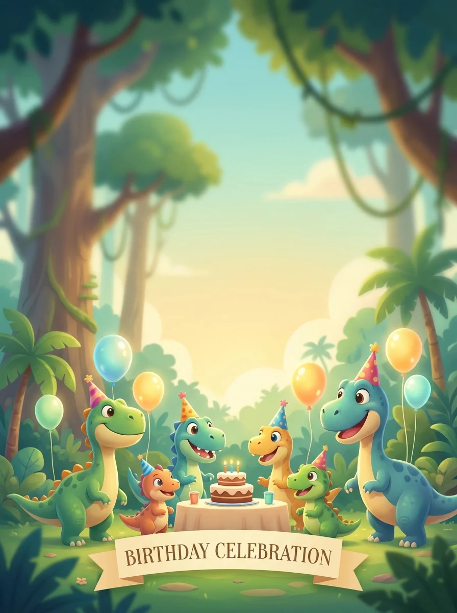 Cute 3D Pixar-style dinosaurs at a birthday party in a colorful jungle