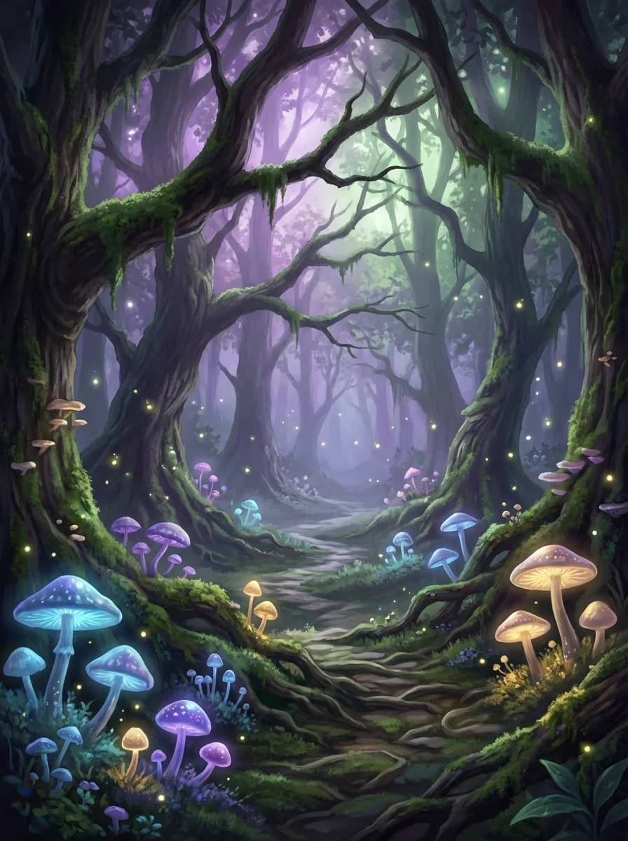 Enchanted forest with glowing mushrooms and fireflies