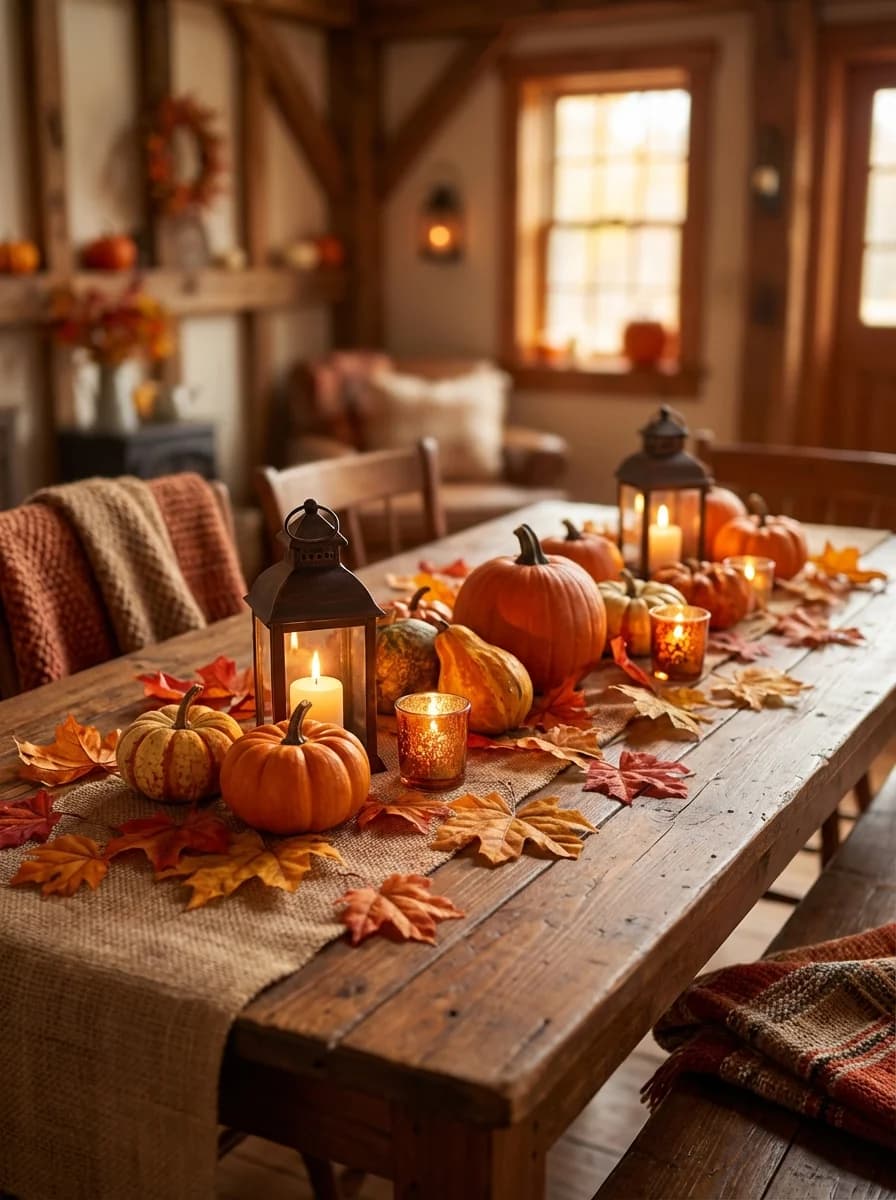 Cozy autumn scene with pumpkins and fall leaves
