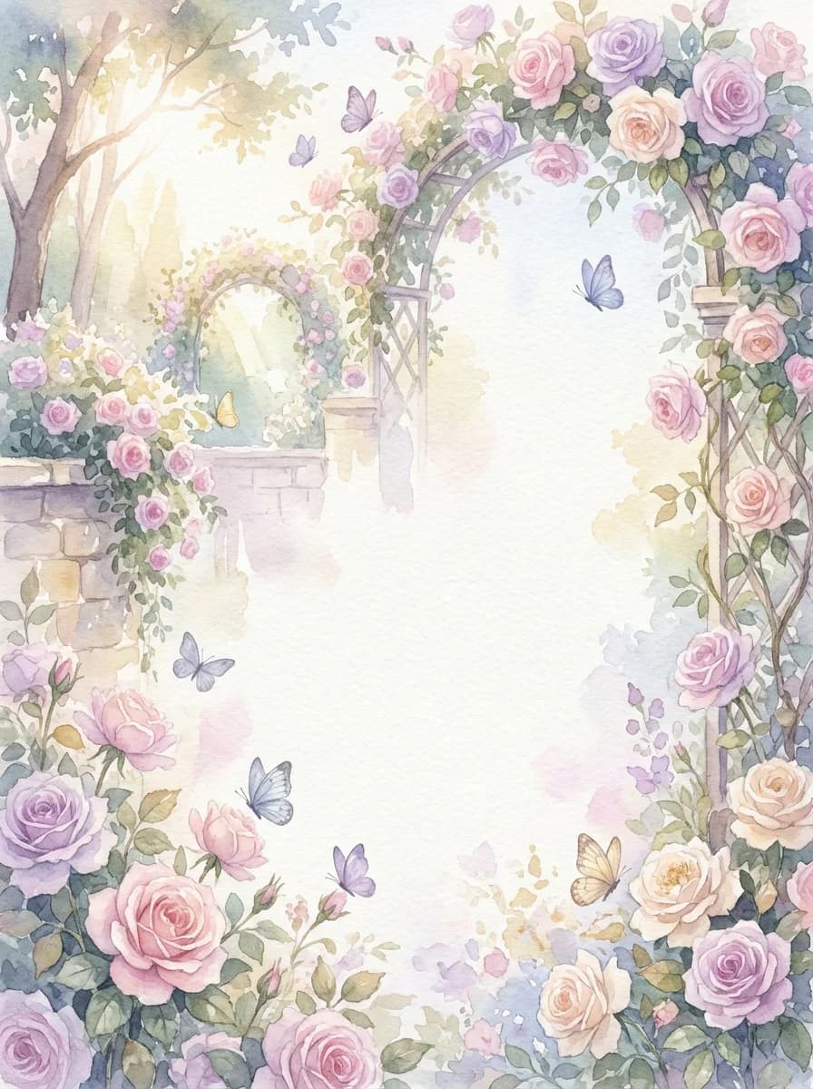 A watercolor English garden with roses and butterflies in soft pastel colors