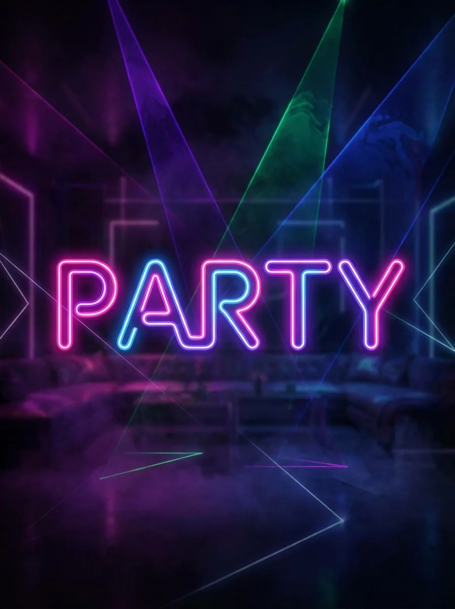 Neon PARTY lights with electric glow effects