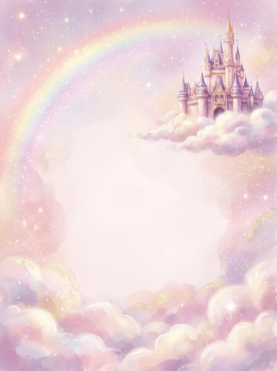 Dreamy fairy tale castle with sparkles and rainbow