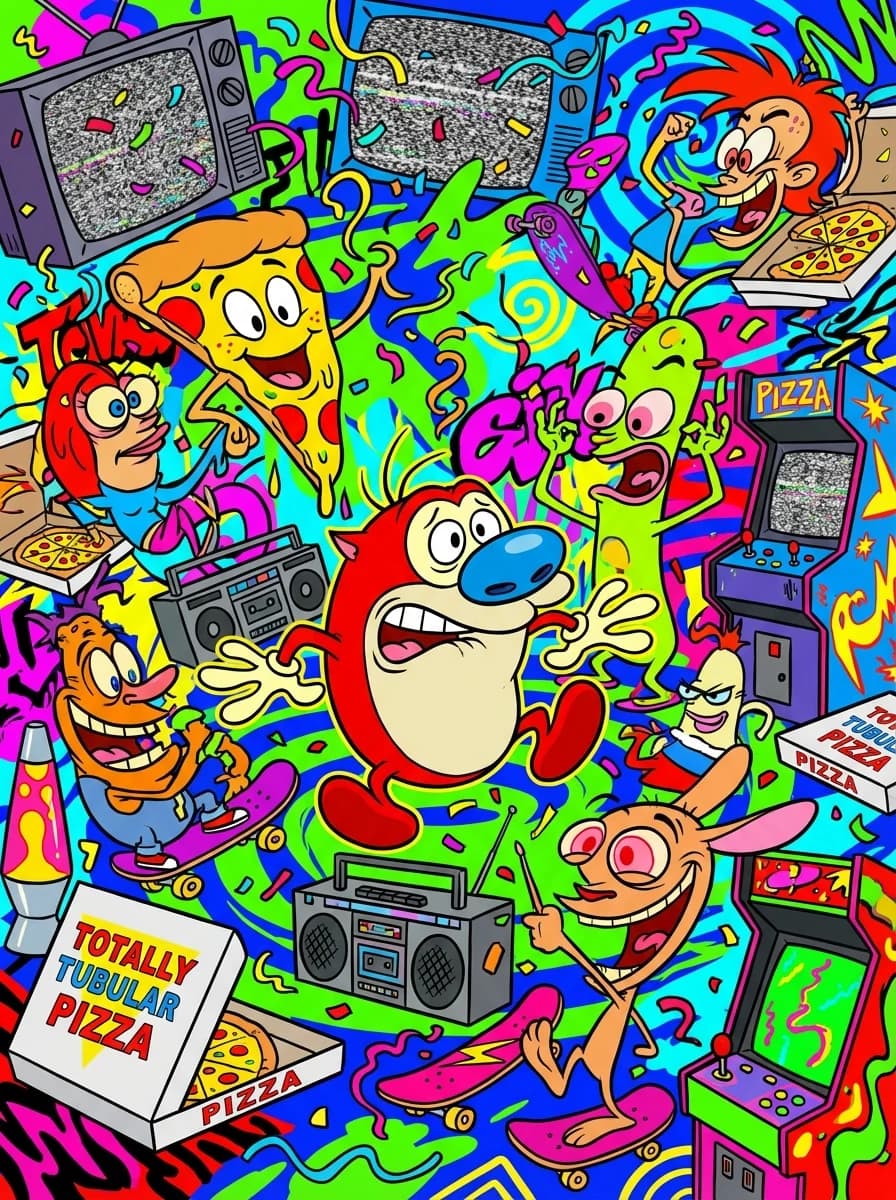 90s cartoon party scene inspired by Stimpy