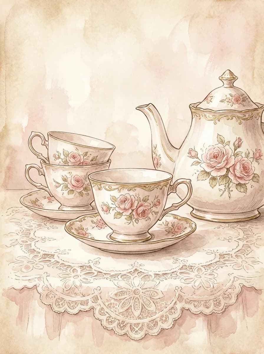 Vintage tea party with antique china and roses