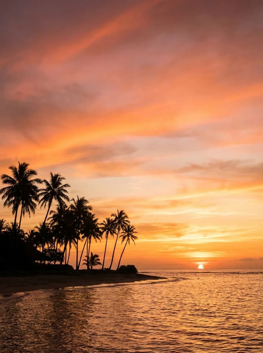 Photorealistic tropical sunset with palm trees