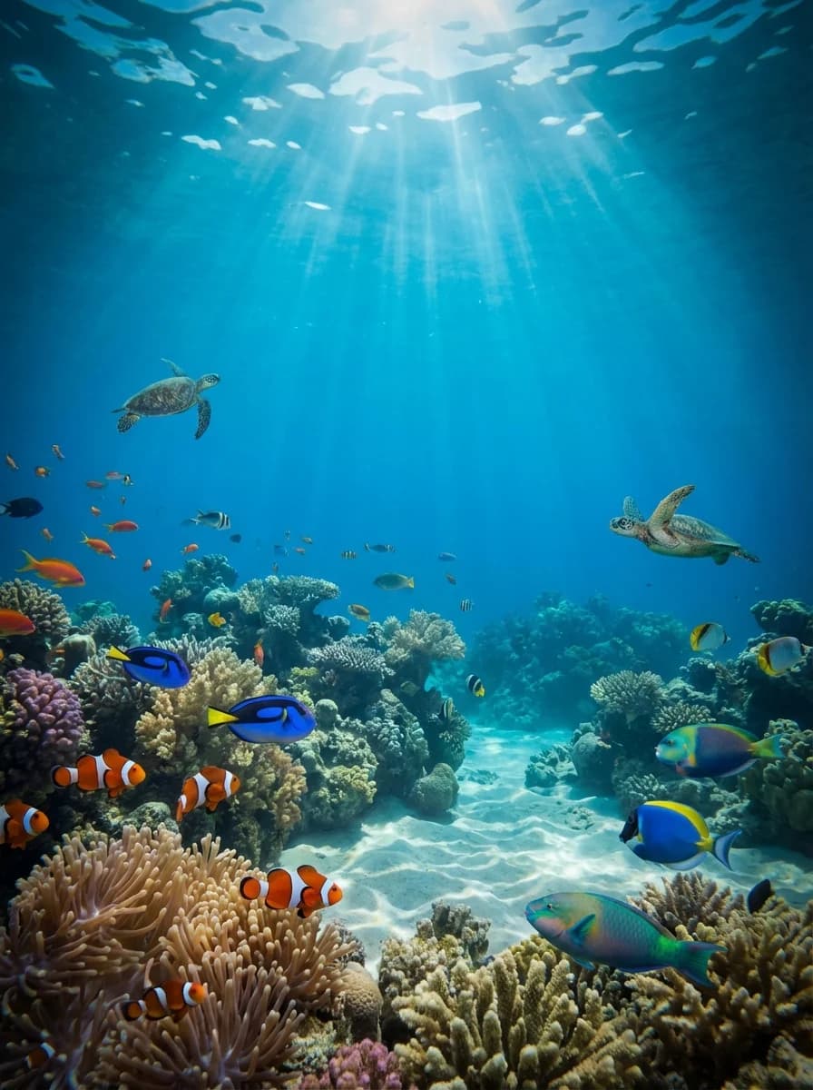 Photorealistic underwater coral reef with tropical fish