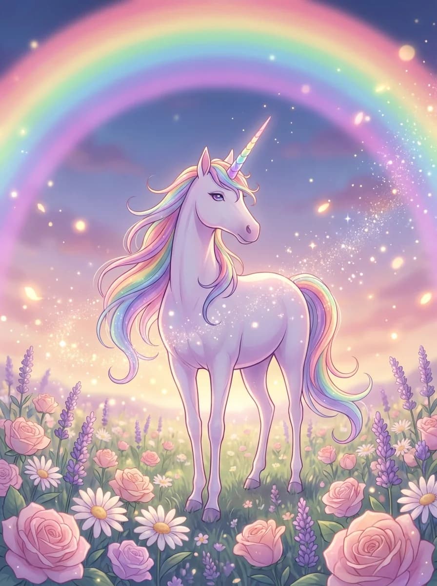 Cute anime unicorn with rainbow mane and sparkles