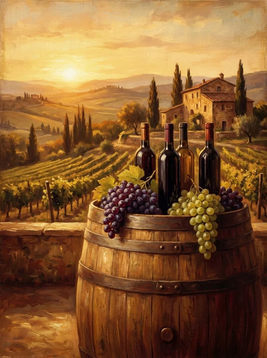 Vintage oil painting of wine and grapes in Tuscan vineyard