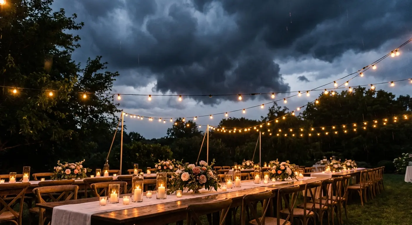 An outdoor party setup with string lights and gathering clouds overhead