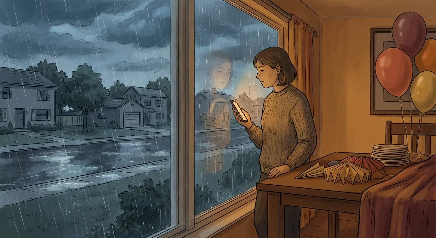 A host sending a broadcast update from their phone while looking out a rainy window