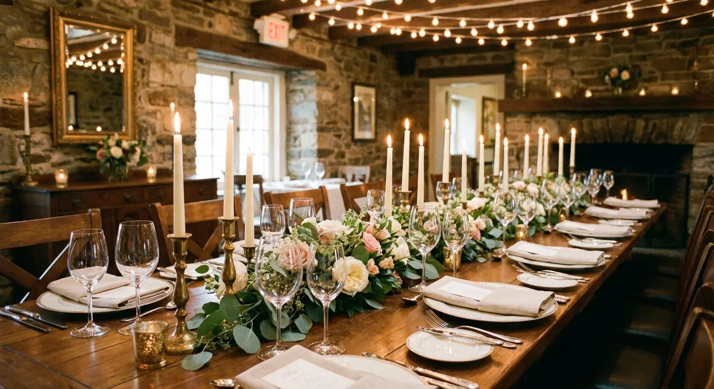 An elegantly set long table for a rehearsal dinner with warm candlelight, linen napkins, and string lights overhead in an intimate restaurant setting