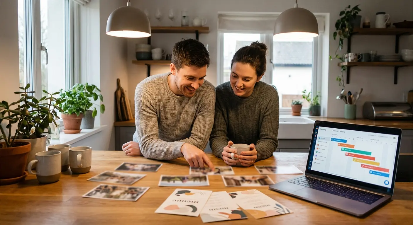 A couple reviewing a checklist together at a kitchen counter with venue photos, menu cards, and a laptop open to an event planning page