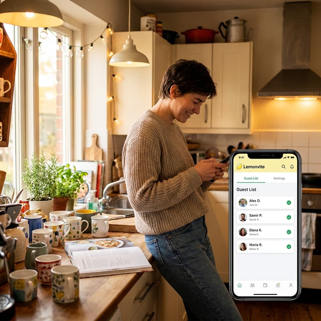 A relaxed host in a messy but cozy kitchen, leaning against the counter and looking at their smartphone with a smile. The phone screen shows the Lemonvite 'Guest List' view with green checkmarks next to names. Warm, inviting lighting.