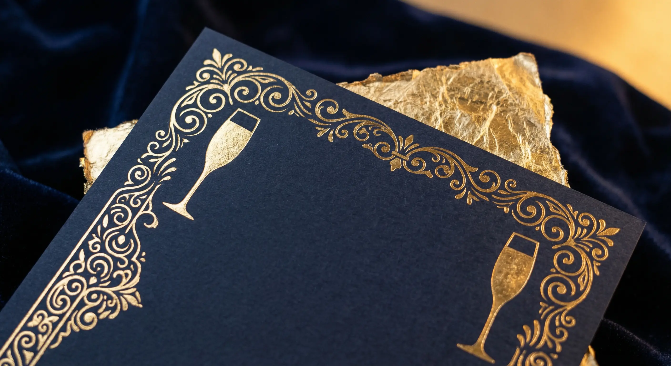 An elegant custom invitation design for a retirement celebration with gold leaf accents on deep navy blue, decorative flourishes, and champagne motifs
