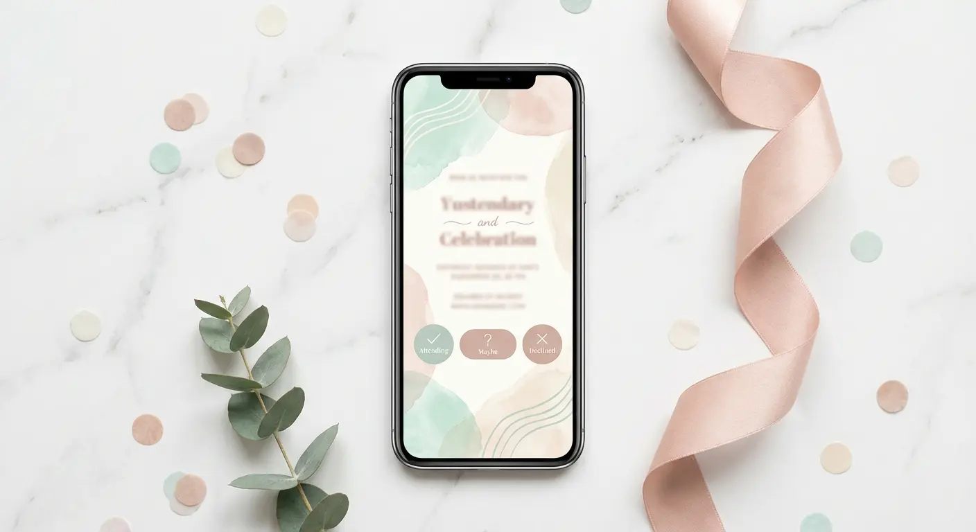 A beautifully designed digital invitation on a phone screen with RSVP buttons for Attending, Maybe, and Declined