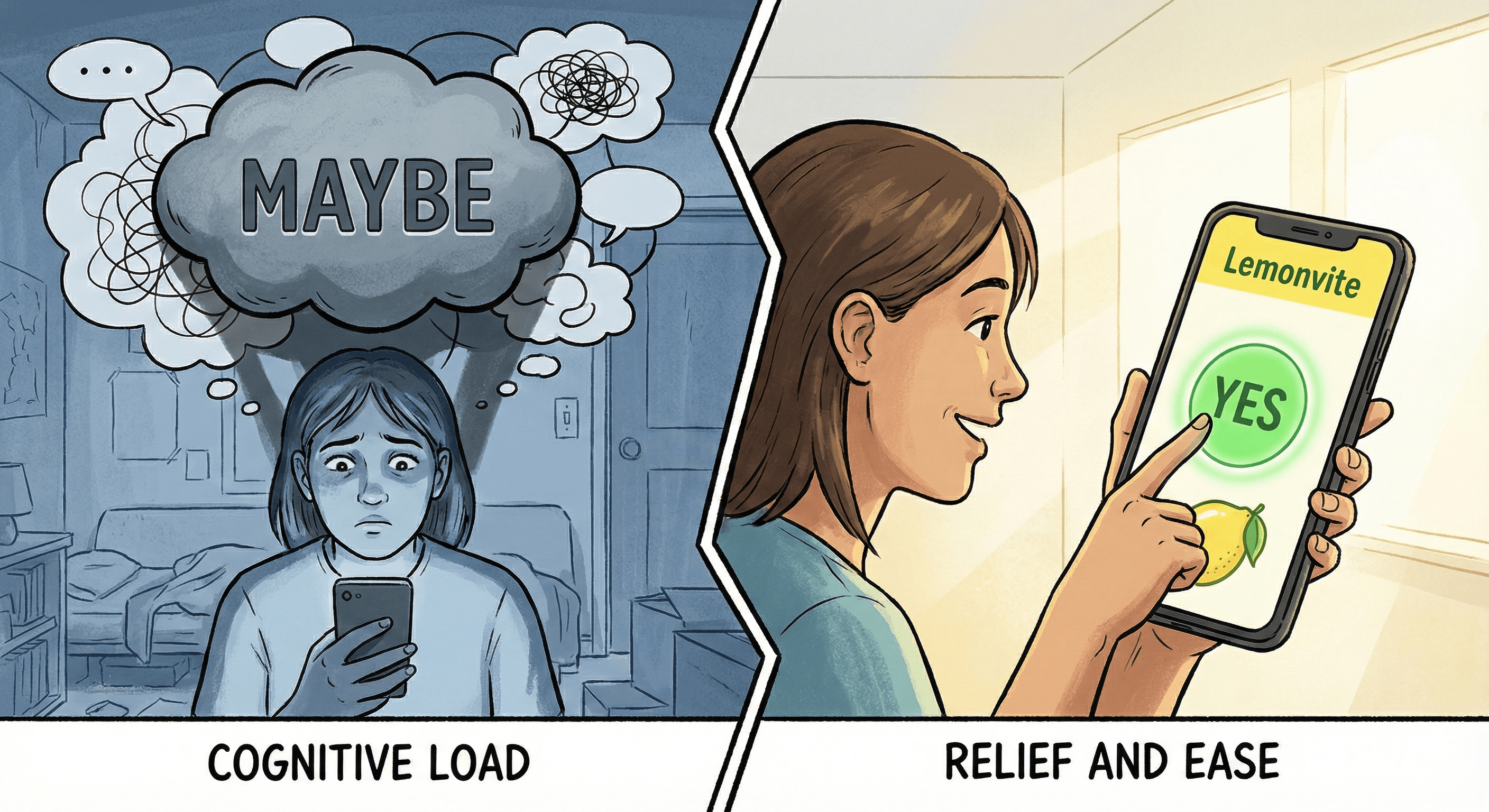 A conceptual illustration split in two. Left side: A stressed person looking at a phone with a 'Maybe' button looming over them like a heavy weight, representing cognitive load. Right side: The same person tapping a bright, simple 'Yes' button on Lemonvite with a smile, representing relief and ease.