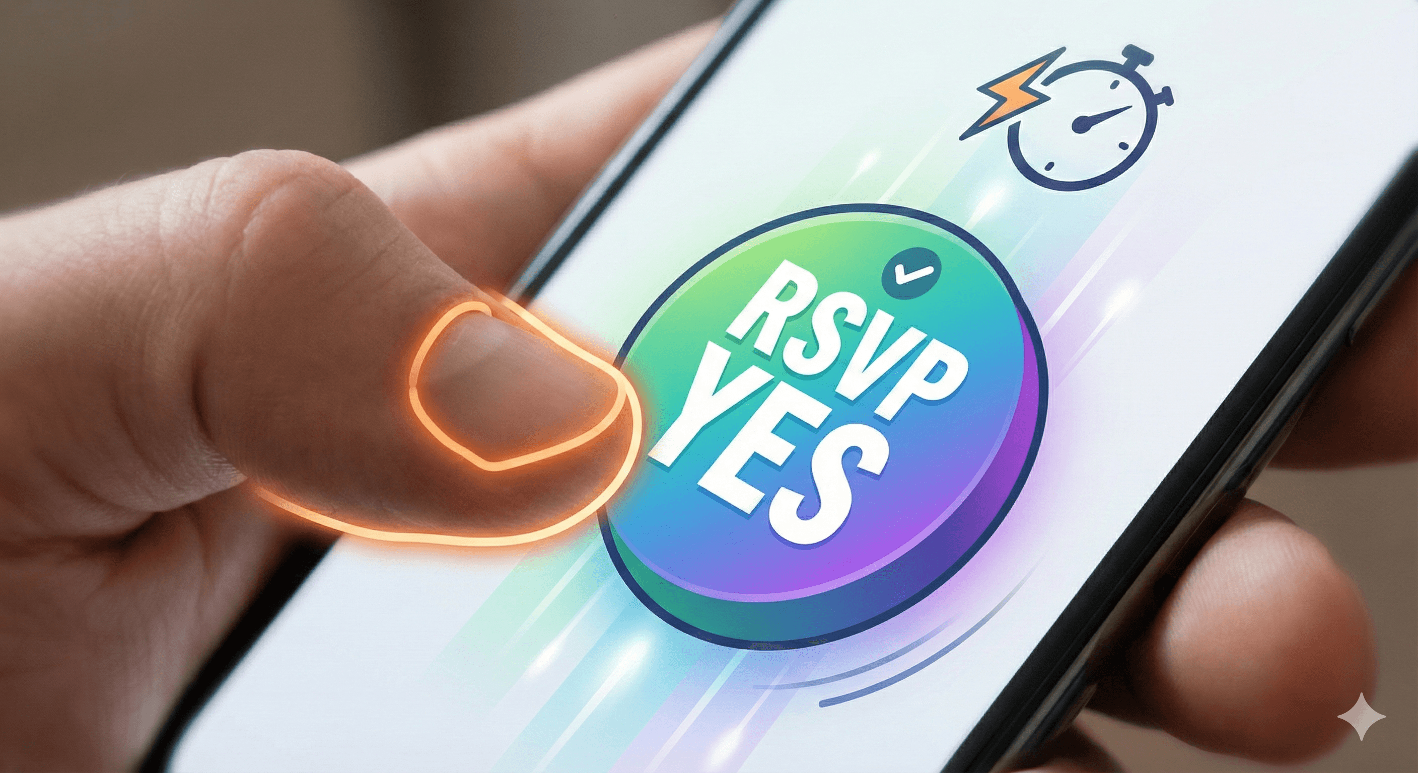 A close-up graphic of a thumb hovering over a large, colorful 'RSVP YES' button on a mobile screen, emphasizing ease of use and speed.