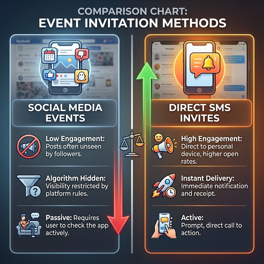 Comparison chart: 'Social Media Events' vs 'Direct SMS Invites'. Social Media shows 'Low Engagement', 'Algorithm Hidden', 'Passive'. SMS shows 'High Engagement', 'Instant Delivery', 'Active'