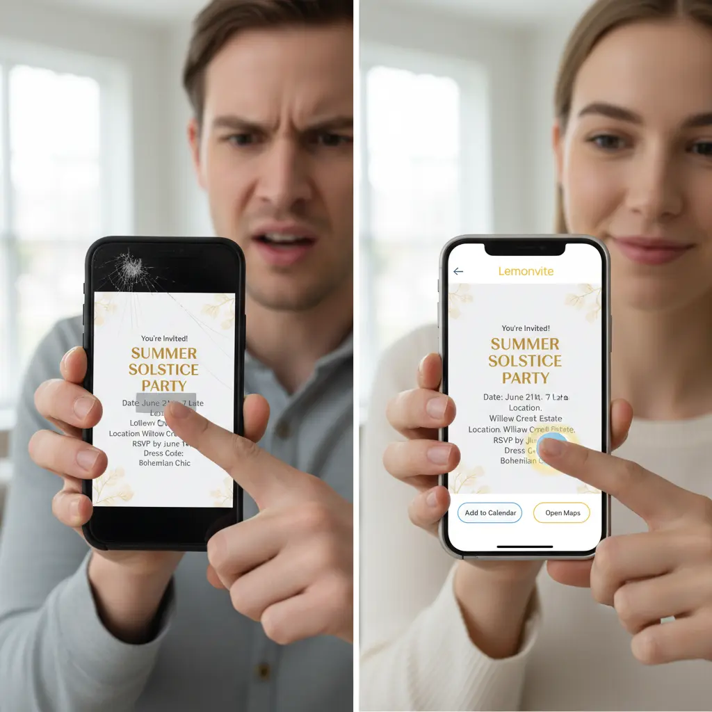 Side-by-side comparison of a static image invite versus a Lemonvite web invitation