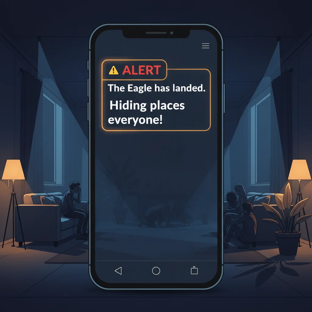 A smartphone showing a Broadcast alert: The Eagle has landed. Hiding places everyone! with a dimly lit party room in the background