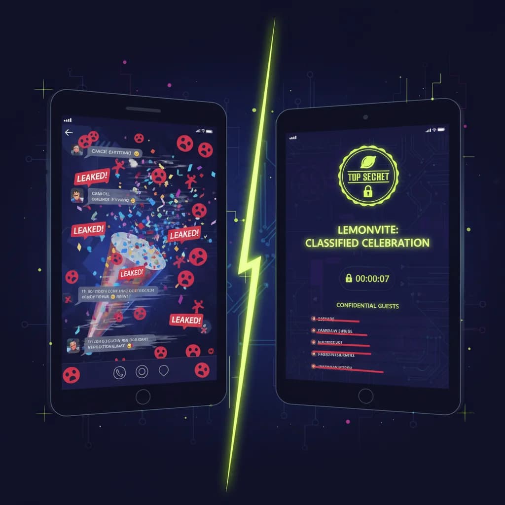 A dramatic split screen: a chaotic group chat with leaked notifications versus a sleek, secure Lemonvite event page with a Top Secret stamp