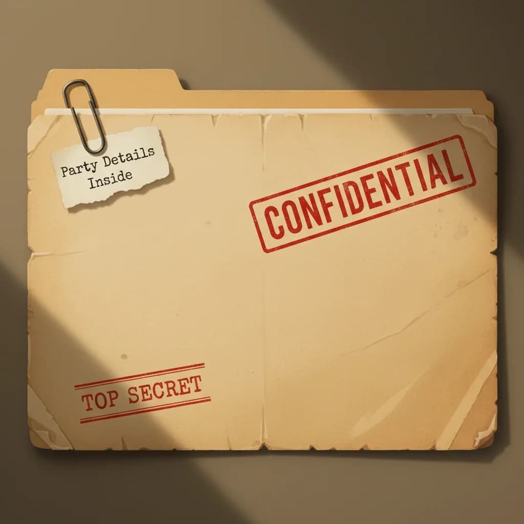 A Top Secret style invitation design with vintage manila folder, CONFIDENTIAL stamp in red ink, and paper clip
