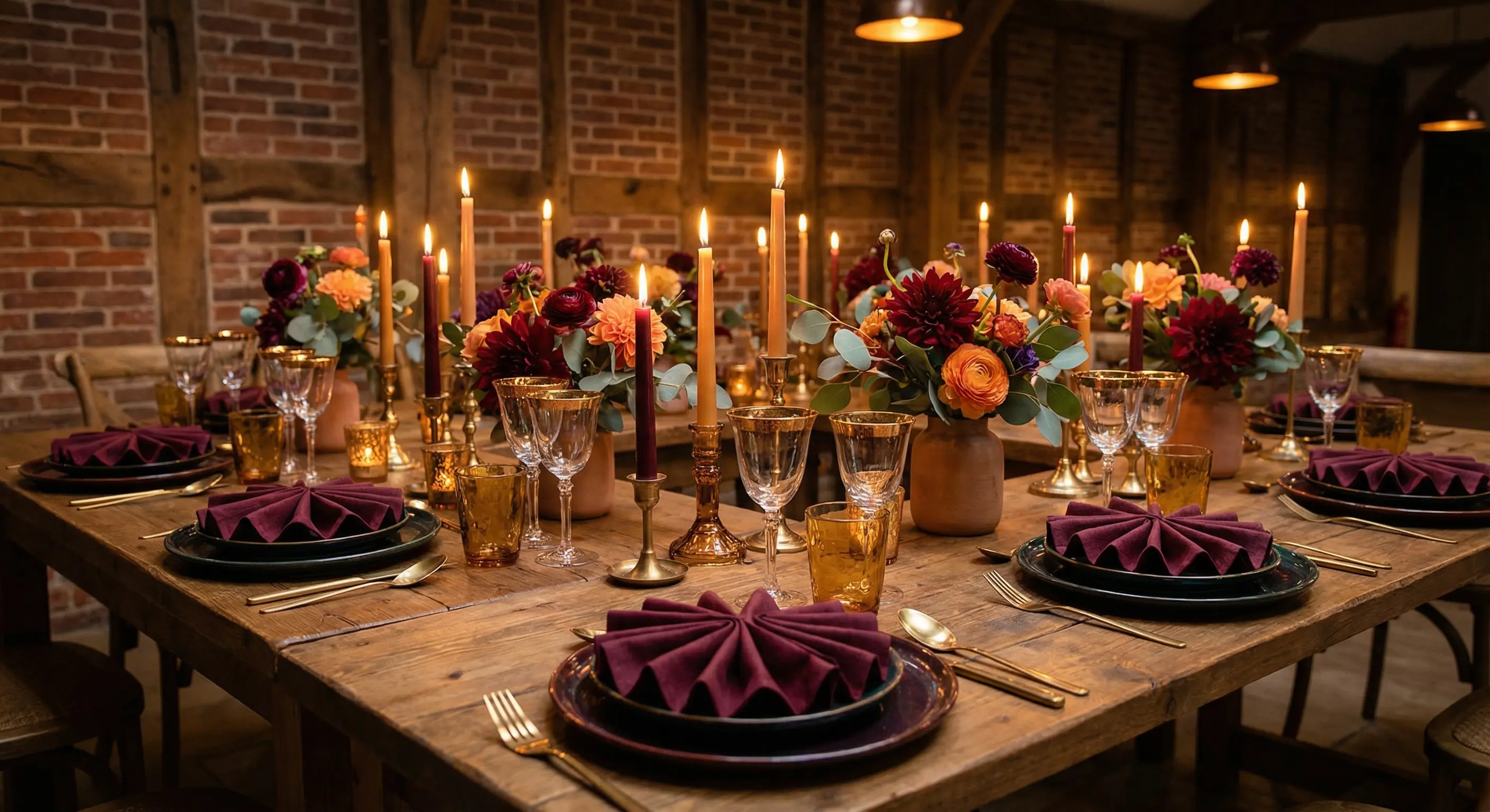 An elegantly decorated themed dinner party table with coordinated place settings, candles, and colorful centerpieces