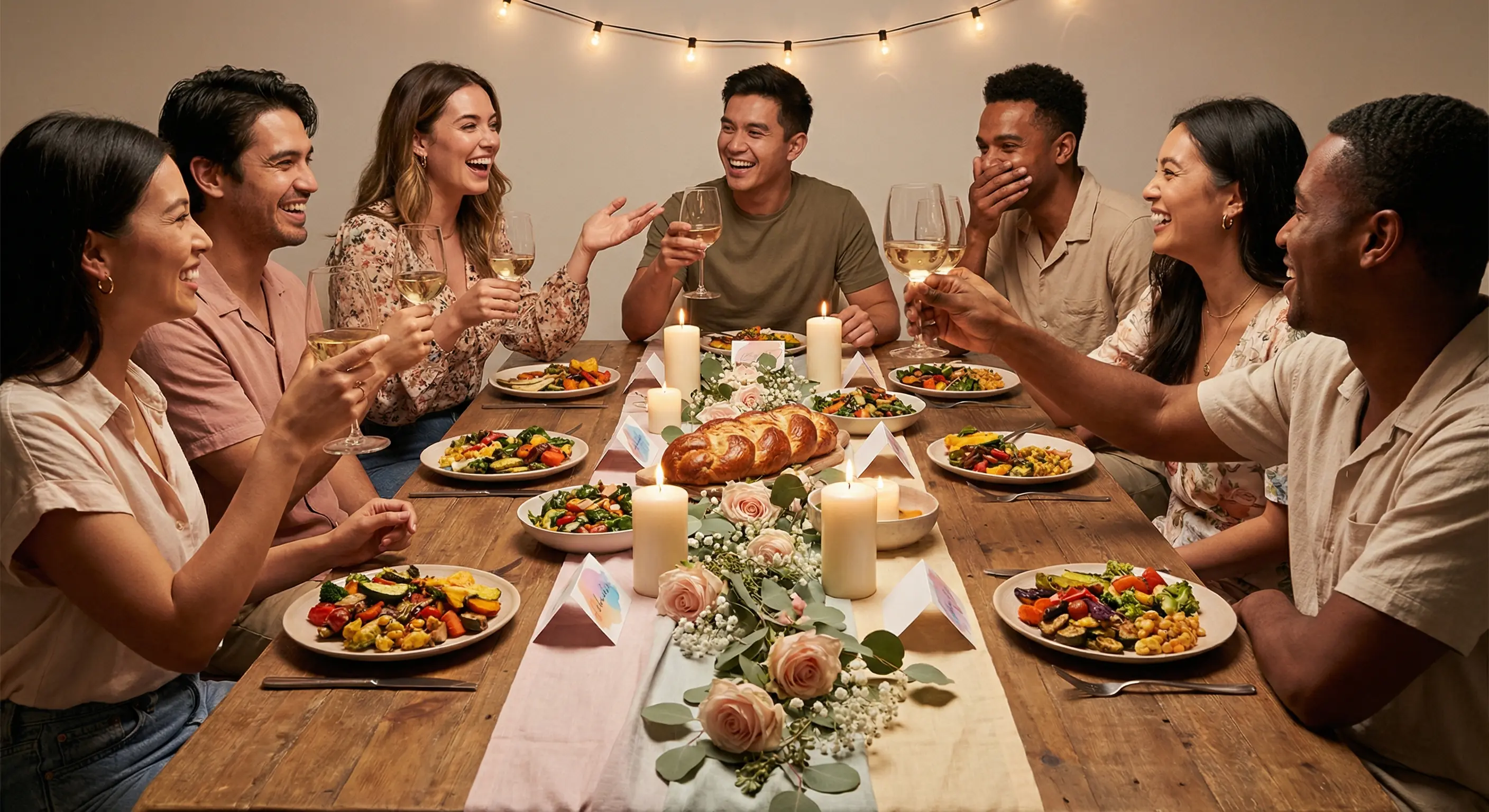 A group of friends laughing around a beautifully themed dinner table with coordinated decorations and place cards