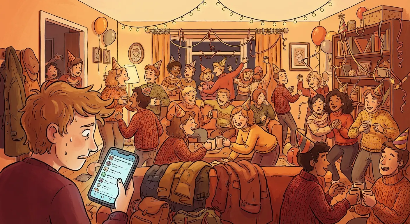 A crowded living room scene with people shoulder to shoulder, a host looking wide-eyed at their phone showing an overflowing RSVP list, party decorations slightly askew from the chaos.
