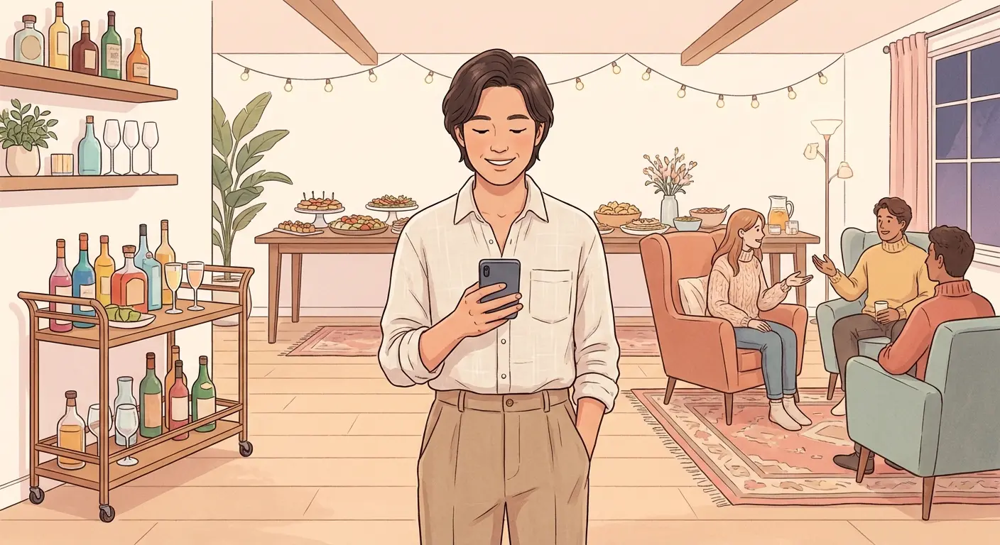 A calm host delegating tasks to co-hosts on their phone, while the party hums along happily in the background with distinct zones for food, drinks, and conversation.