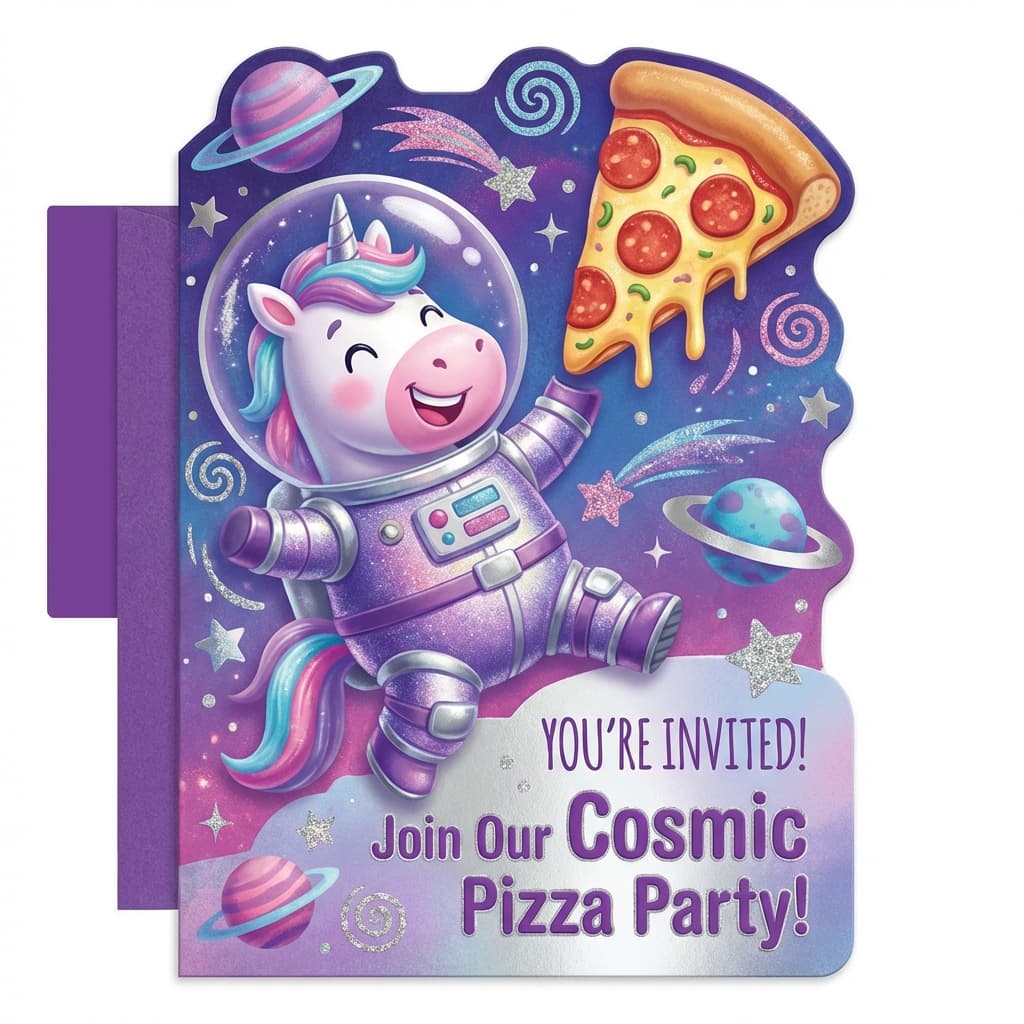 A whimsical invitation card featuring a 3D cartoon unicorn in a spacesuit floating among stars with a slice of pizza. Vibrant colors, purple and silver theme.