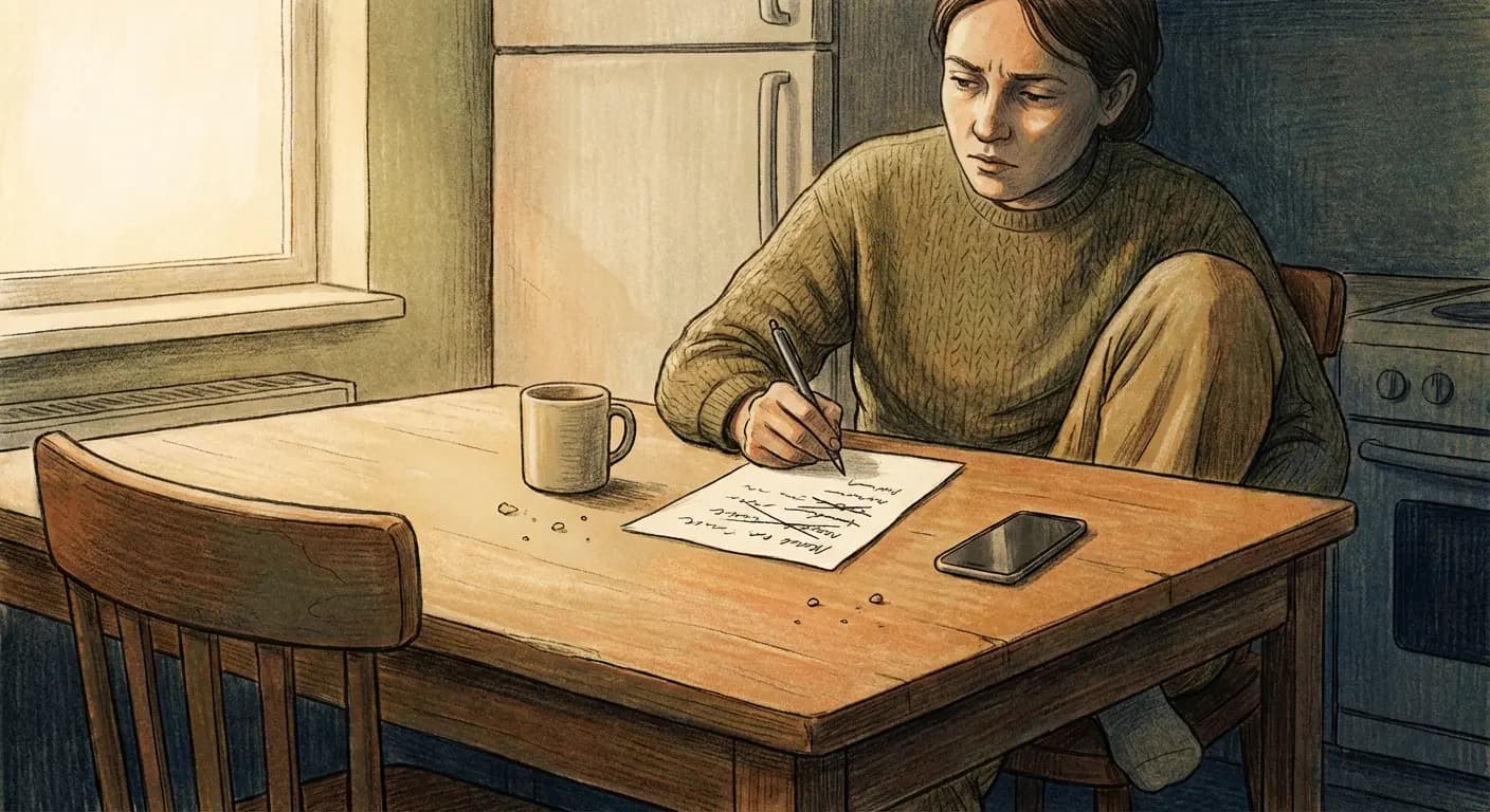 A person sitting at a table thoughtfully looking at a guest list with a pen in hand