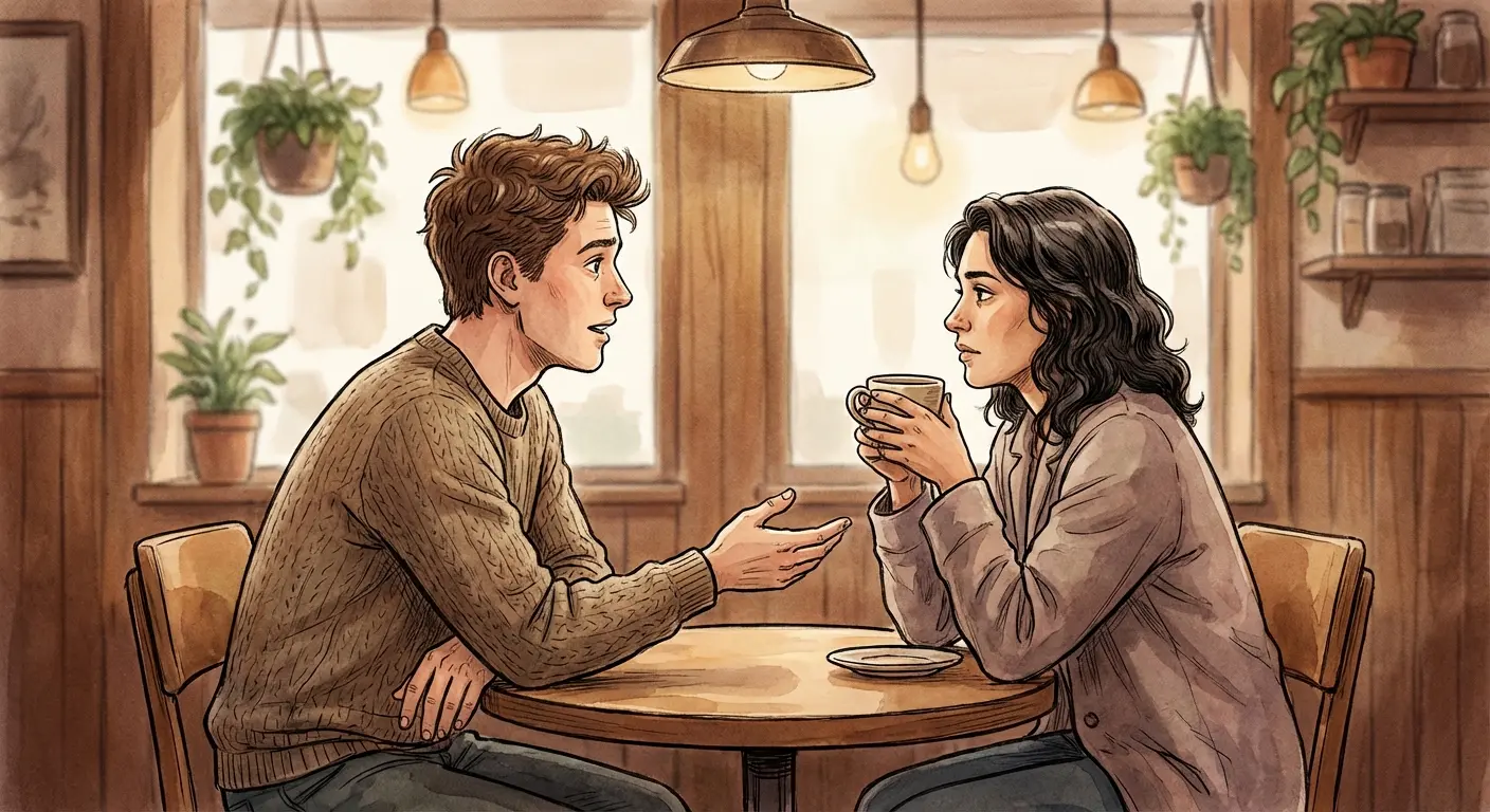 Two friends having a respectful conversation over coffee