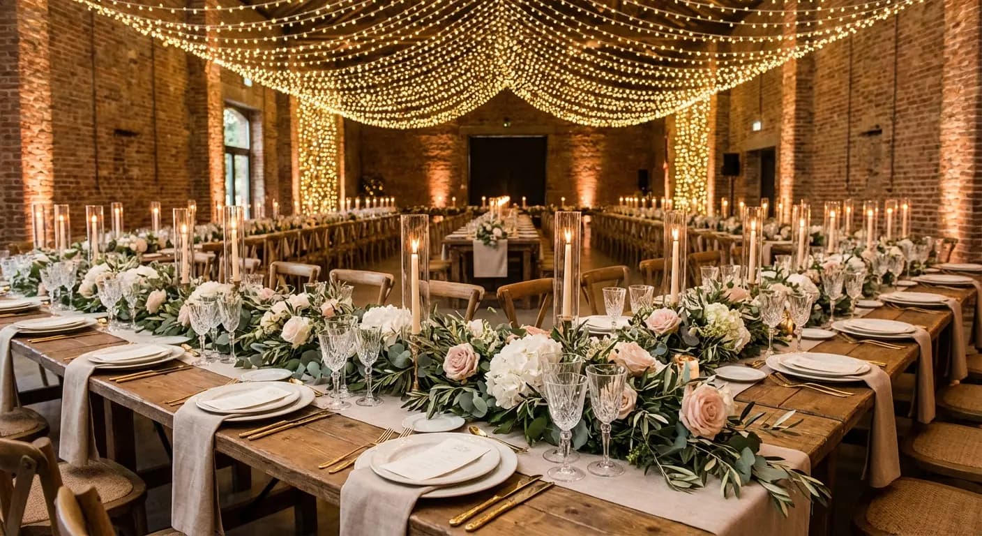 A beautifully decorated event space with string lights and long tables set for a celebration