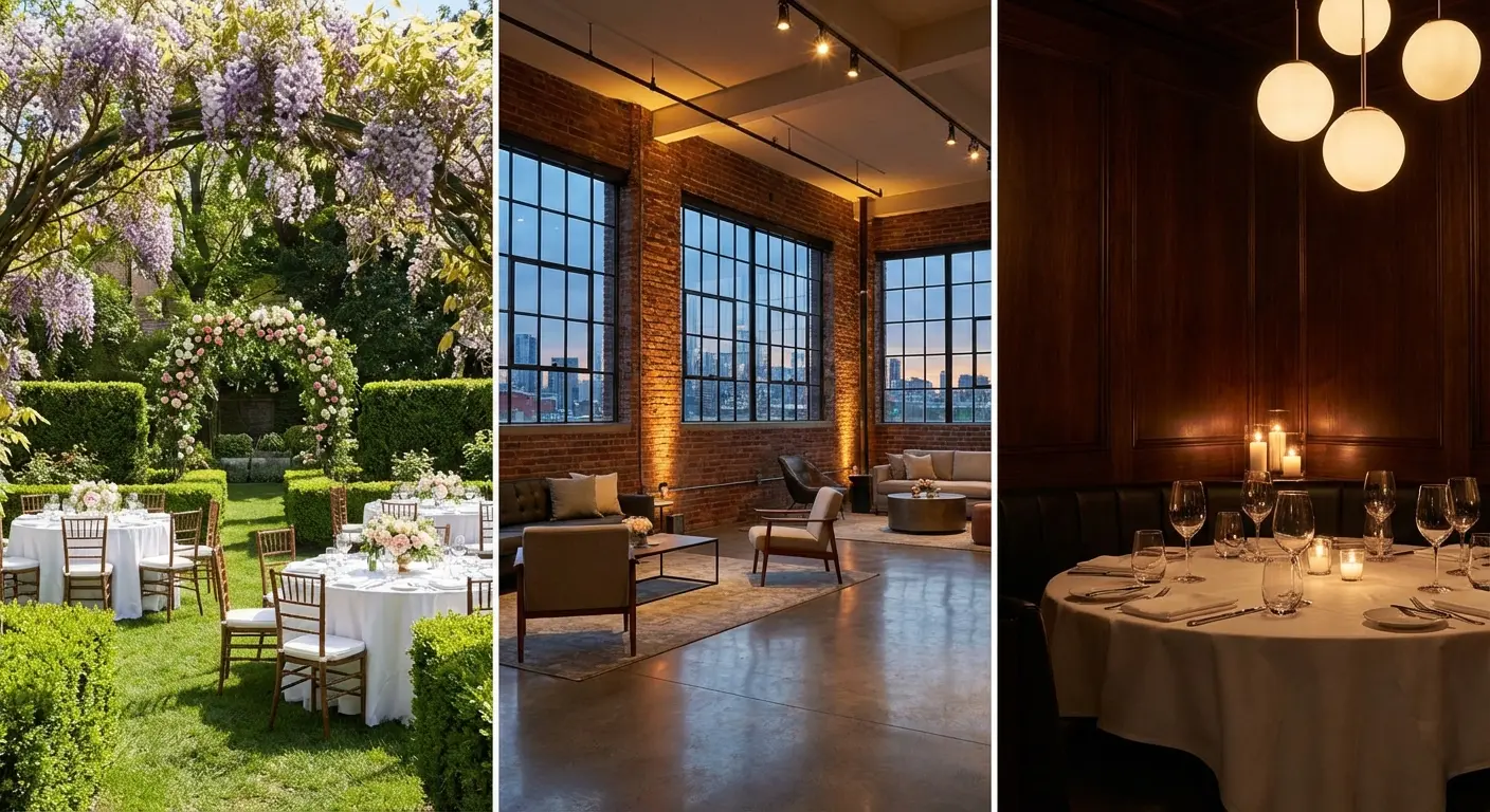 A split view showing different venue options: an outdoor garden setup, a modern loft space, and a cozy restaurant private dining room