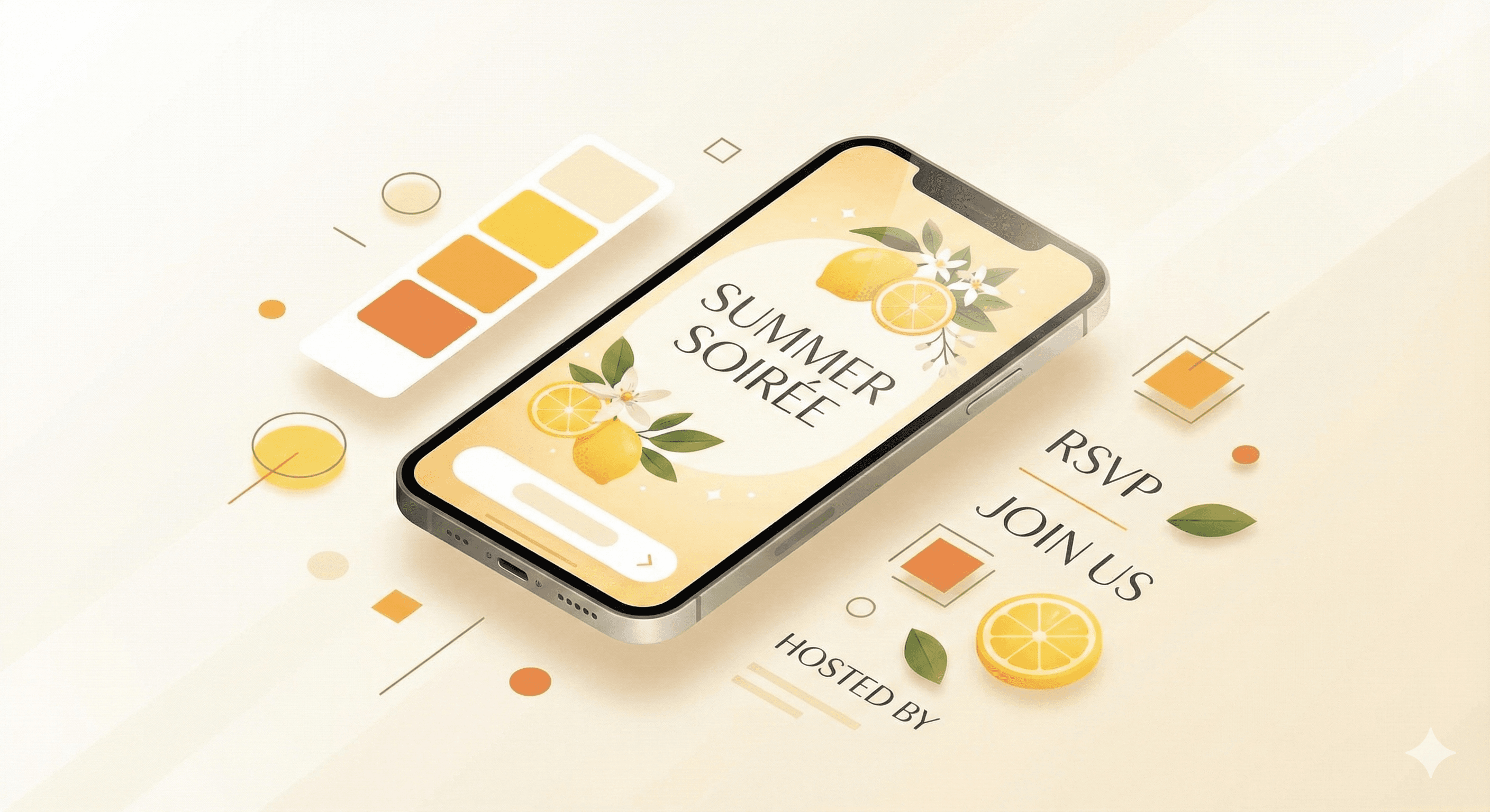 A sleek, modern illustration showing a smartphone with a beautifully designed digital invitation on its screen, surrounded by floating design elements like typography, color swatches, and geometric shapes. The composition includes subtle lemon-themed accents and warm, inviting colors. The style is clean, minimalist, and tech-forward, representing a digital invitation platform. Soft shadows and modern UI aesthetics, perfect for a blog post hero image.