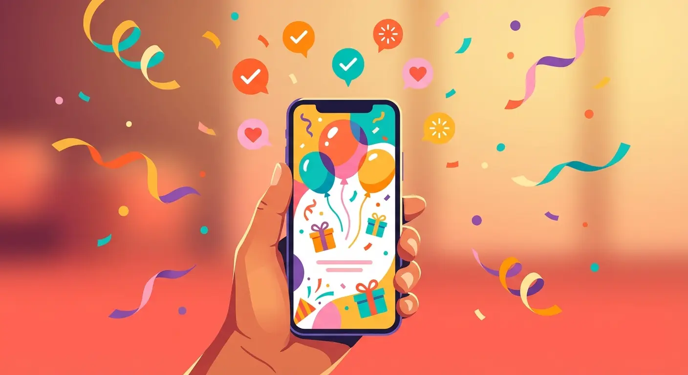A beautifully designed party invitation on a phone screen surrounded by confetti, with RSVP notifications popping up