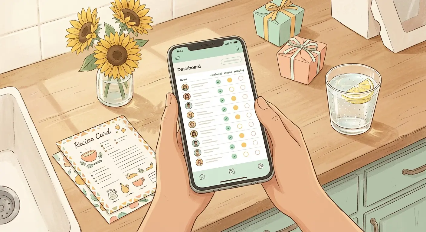 A host checking their phone's RSVP dashboard, showing a clear list of who has responded and who hasn't