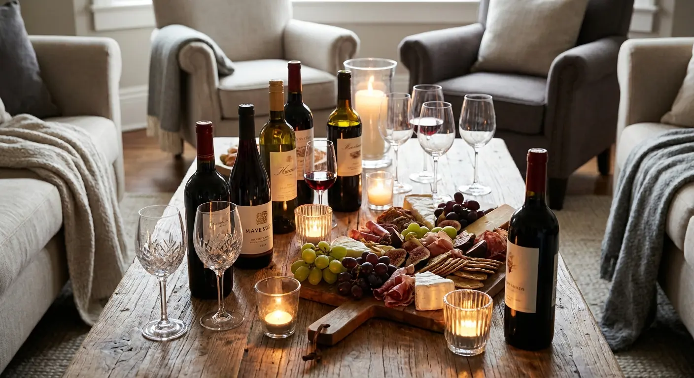An elegant home wine tasting setup with several bottles of wine, glasses arranged on a table, cheese and charcuterie boards, warm ambient lighting, cozy living room setting