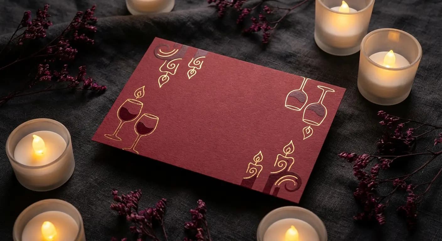 A beautifully designed wine tasting invitation with deep burgundy and gold tones, wine glasses, candlelight ambiance, elegant typography on a dark sophisticated background