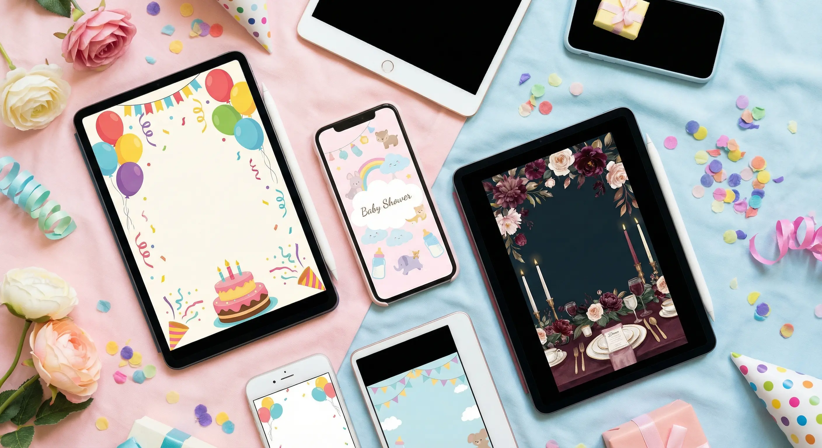 A collection of beautifully designed digital invitations for birthday parties, baby showers, and dinner events