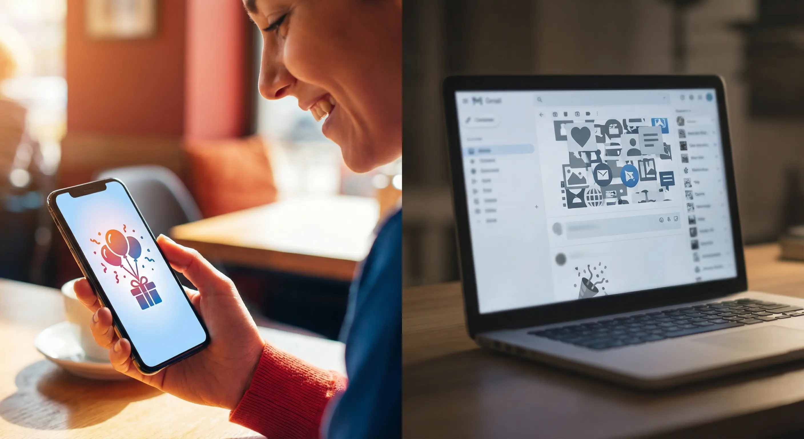 A smartphone showing a text message invitation next to an email inbox full of unread messages